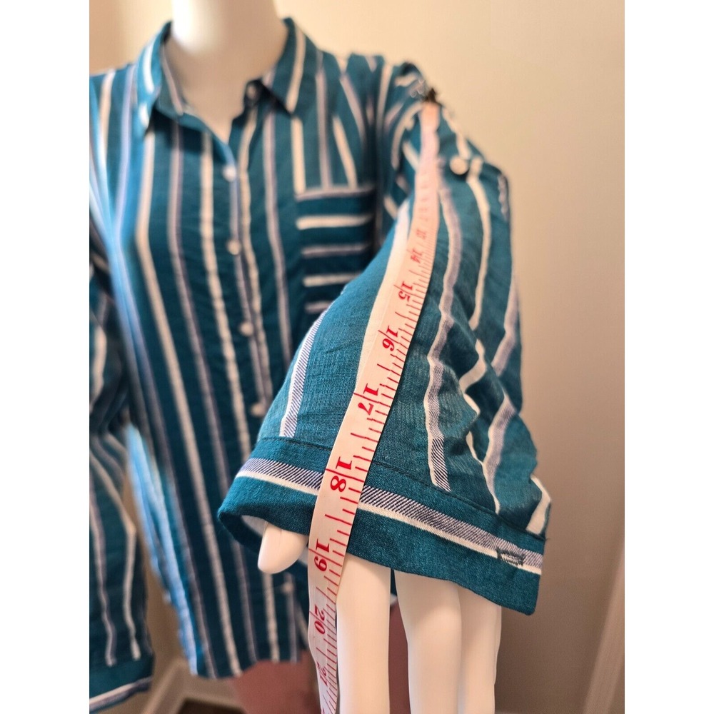 Eden‎ & Olivia Top Women's Turquoise White Stripped Button Down Roll Tab Sleeve - Picture 3 of 14